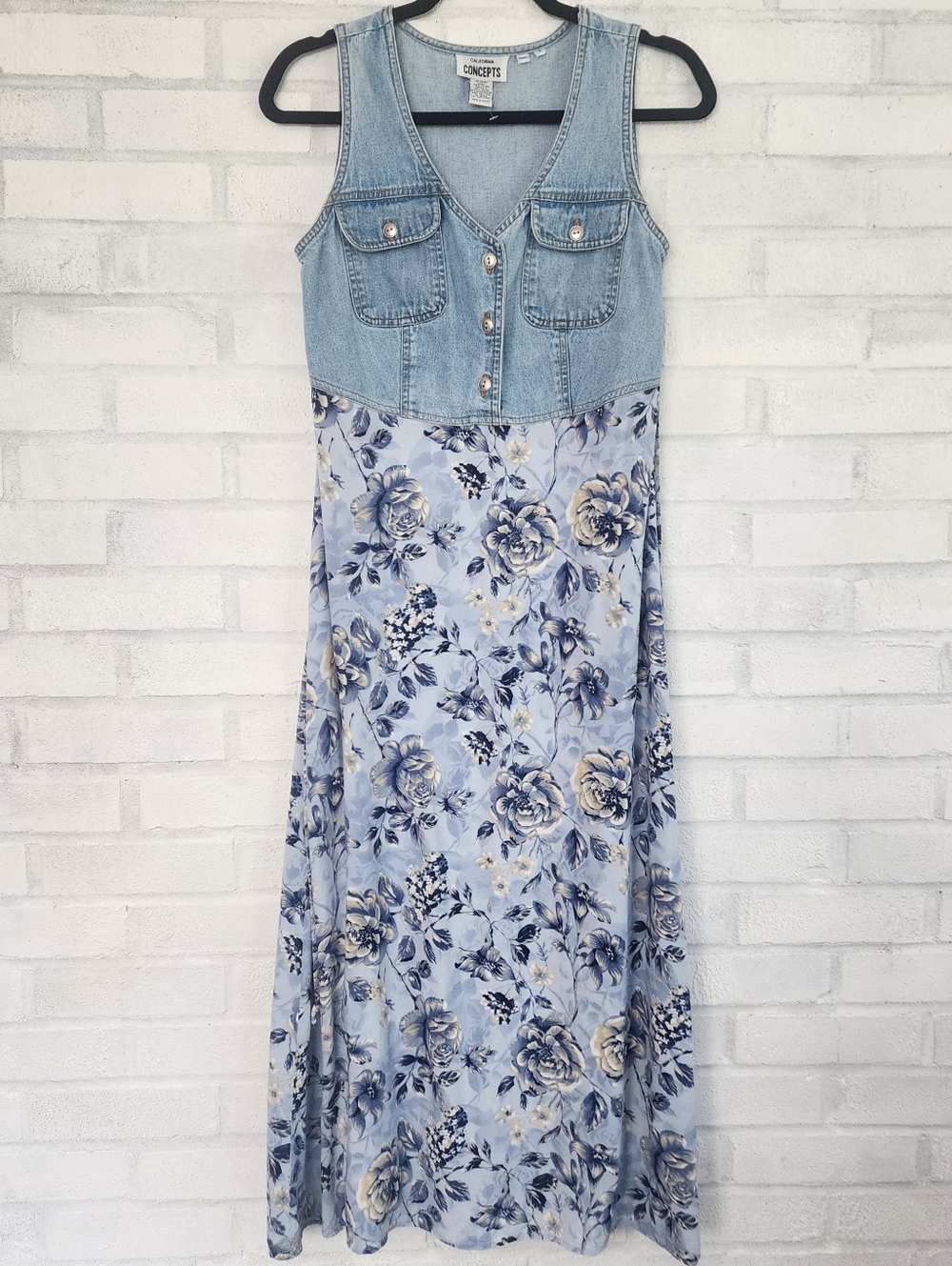 Vintage 90s California Concepts Maxi Dress Denim Vest Top Floral Bottom Size 5